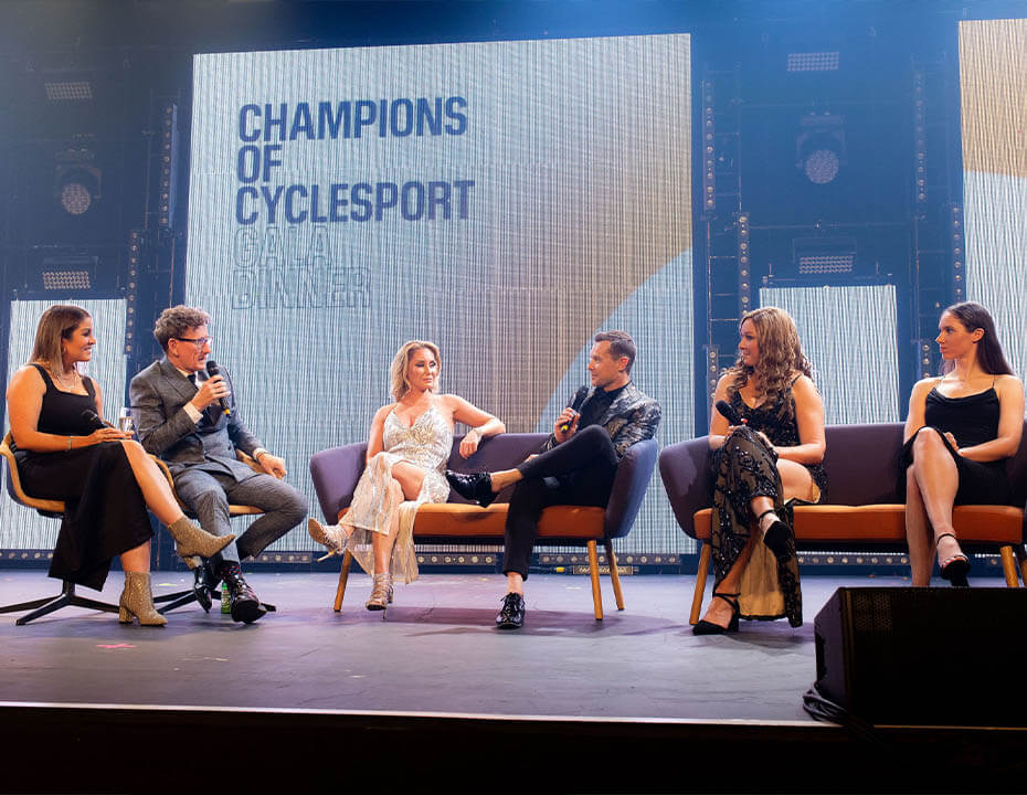 Champions Matt Stephens, Rochelle Gilmore, Nico Roche, Joanna Rowsell MBE and Pfeiffer Georgi on staging being interviewed