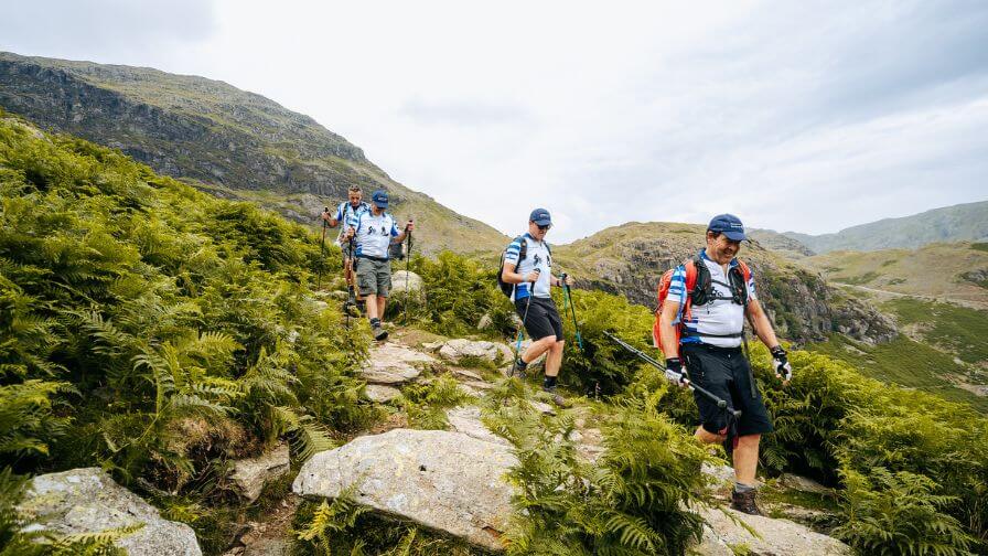 Four hikers descending down a mountain
