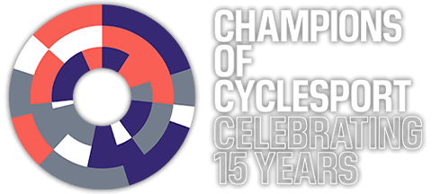 Graphic title: Champions of Cyclesport Celebrating 15 Years 