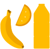 Illustration of a water bottle, an orange segment and a bannana 