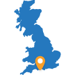 Map of the UK with in a pin in the Jurassic Coast Off-road location 