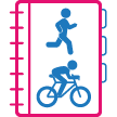 A pink binder with a blue icon of a runner and cycler on the cover