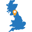 Map of the UK with in a pin in the Lake District Keswick location 