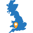 Map of the UK with in a pin in the Cheddar Gorge location 