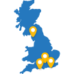 Illustrated GB map with pins showing the Race the Sun locations 