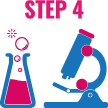 Graphic icon labeled "STEP 4" featuring a blue science beaker with pink liquid and a microscope. 