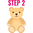 Graphic icon labeled "STEP 2" featuring a beige stuffed teddy bear sitting upright. 