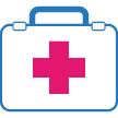 First aid kit icon with a blue outline and a pink cross 