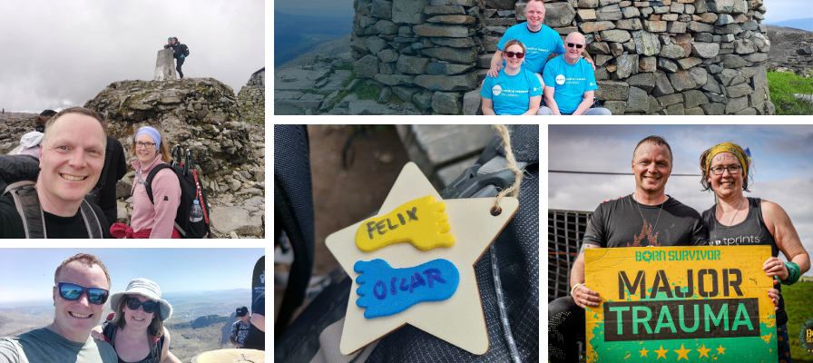 Collage of five image of Liz and Phil completing various fundraising challenges