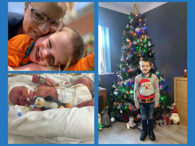 Photo collage of George, who has lung surfactant deficiency. Images show him as a baby in an incubator, with his mum as a toddler and now, aged 6, in his Christmas jumper.