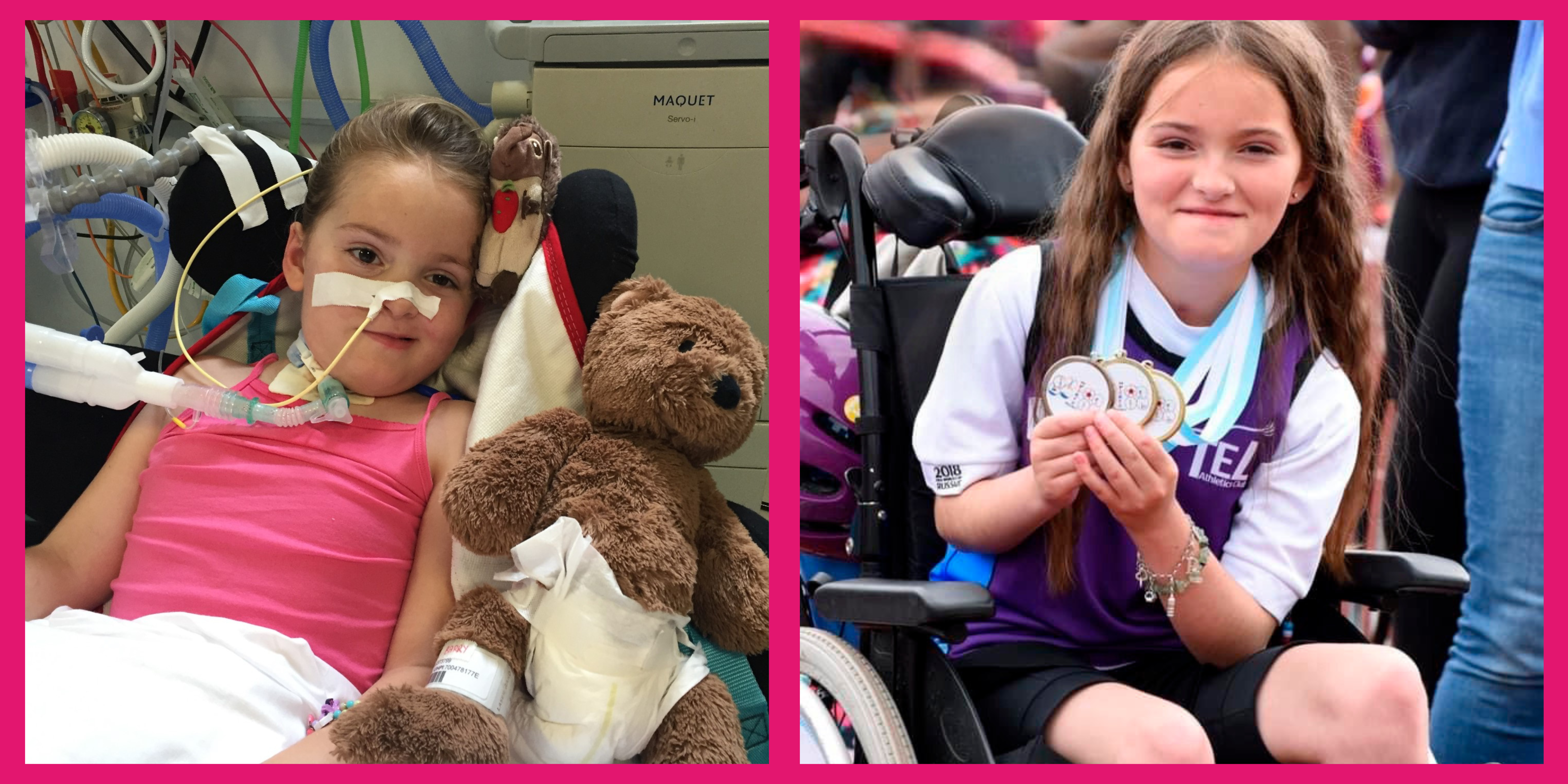 Two photographs of Poppy, one where she is undergoing hospital care, and the other holding her medals awarded for Frame Running