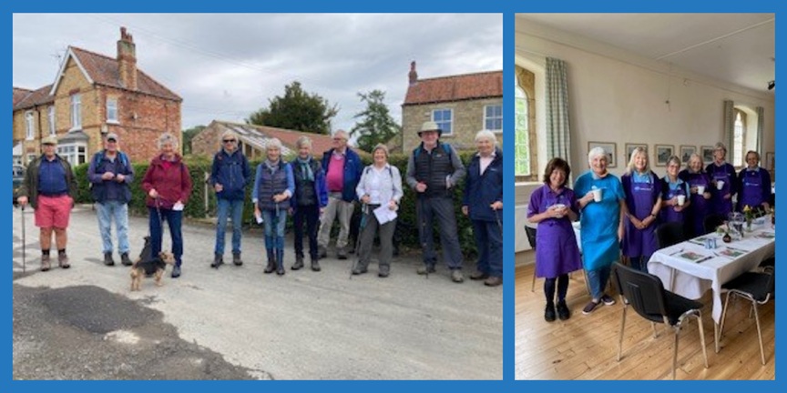 The Rydale committee Spring walk, attendees pictured outside in their walking attire, and the committee within the village hall ready to host refreshments.