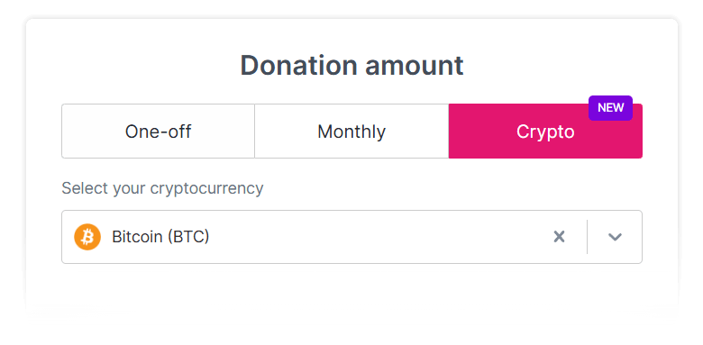 A screenshot of a donation interface showing tabs for One-off, Monthly, and Crypto. Bitcoin is selected in the cryptocurrency dropdown menu.
