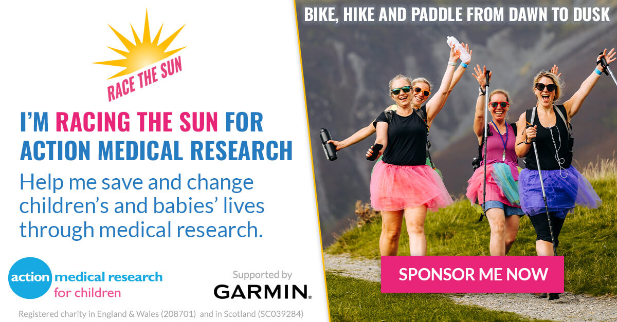 A social media graphic featuring a picure of a group of ladies with colourful tutu skirts, hands in the air cheering while hiking