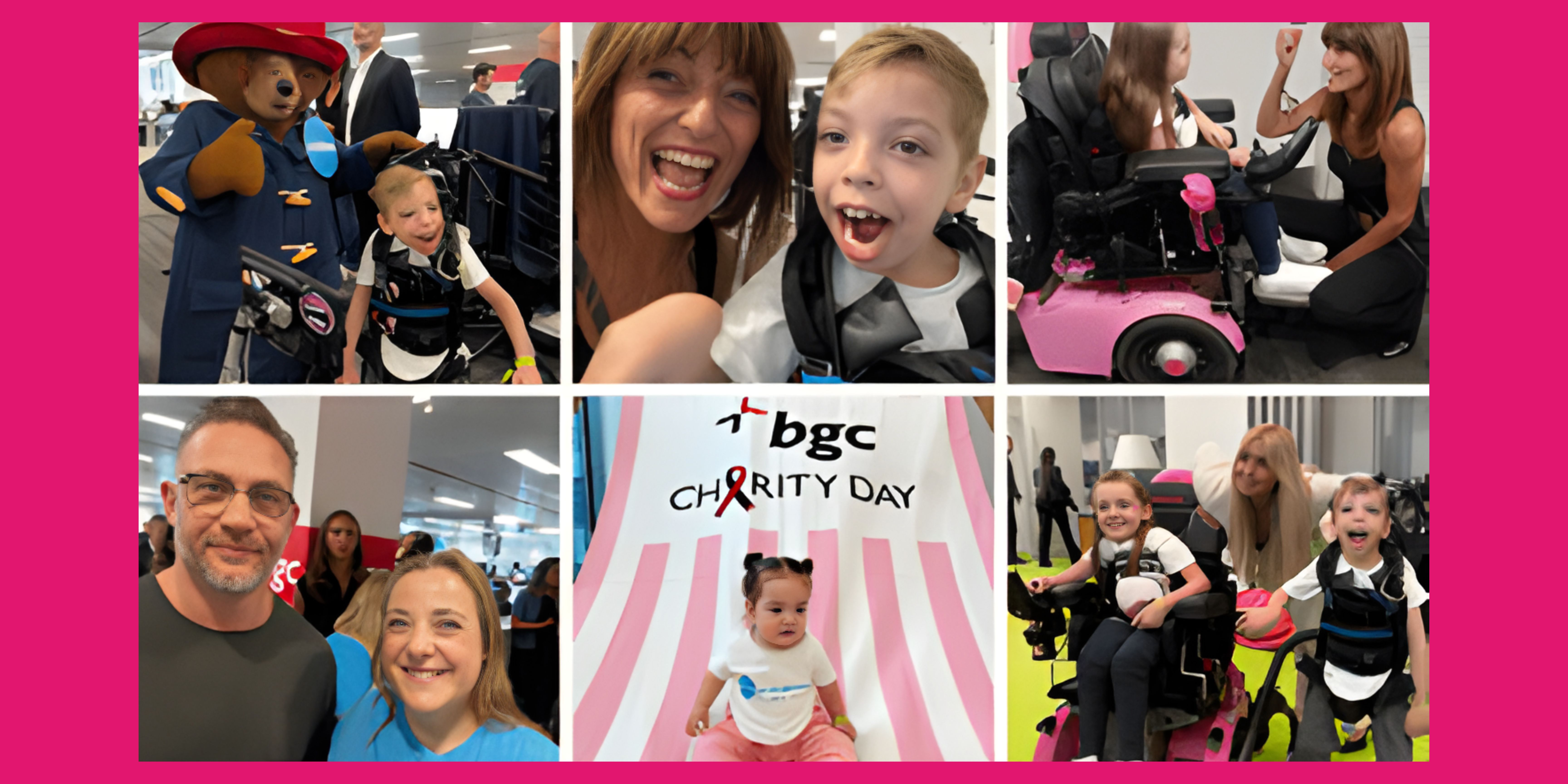 Six images showing children with Paddington Bear and Davina McCall