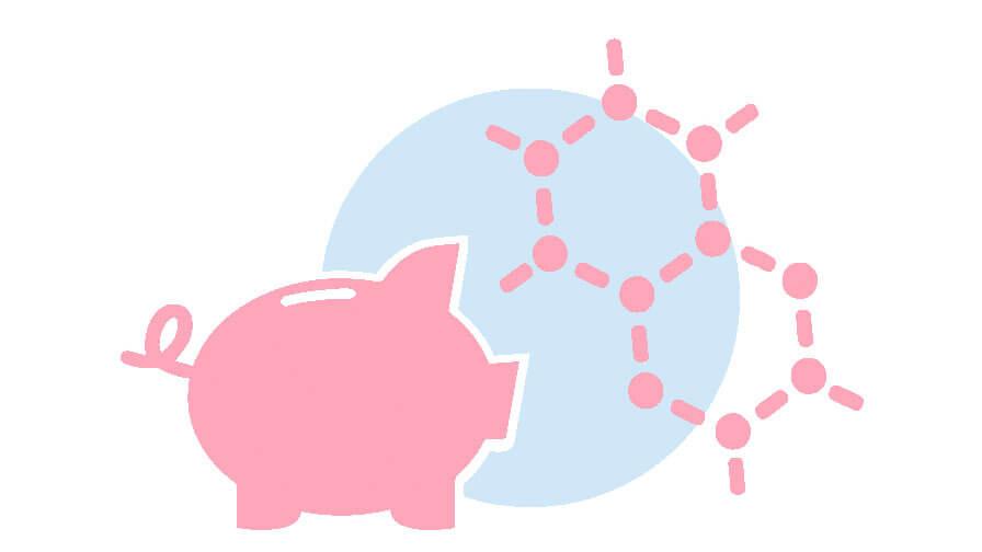 Illustration of a piggy bank along with hexagonal molecule structure