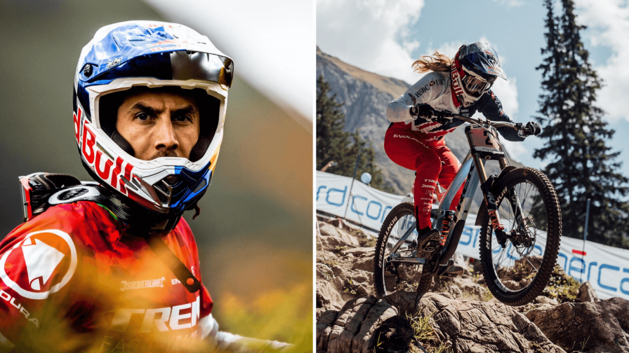 Montage photo of cyclists Gee and Rachel Atherton