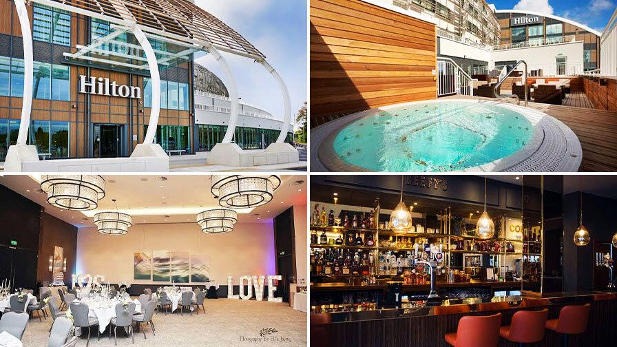 Collage of Hilton Southampton - Utilita Bowl, showing the entrace, spa, bar and events room