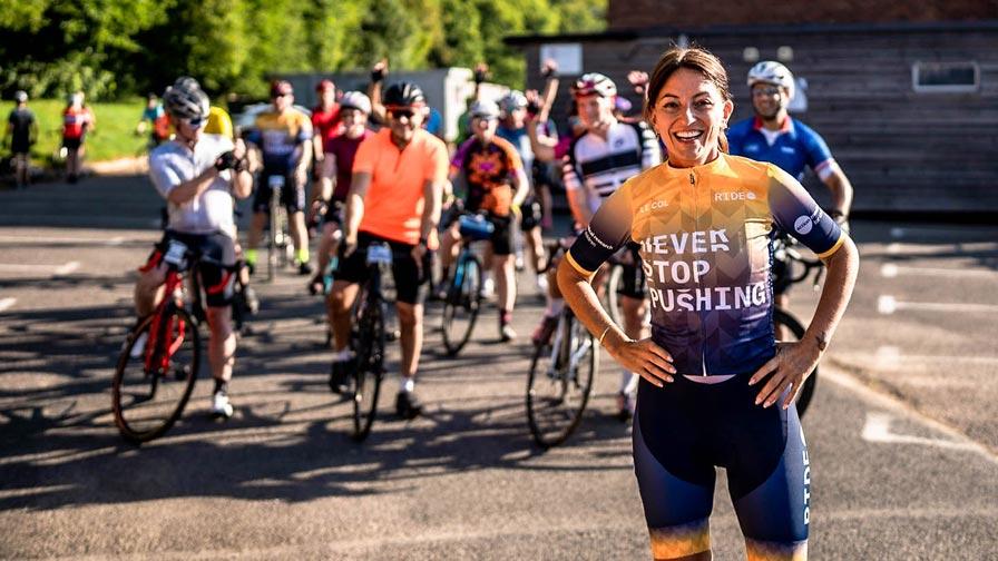 davina mccall with riders at the start line