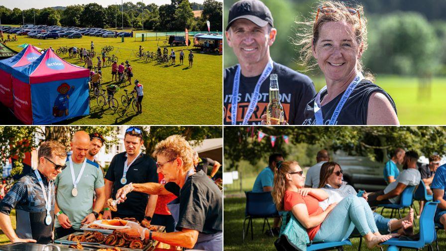collage image of people enjoying post-ride food and drink