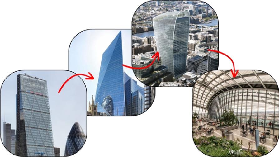 Four images - Leadenhall, Scalpel, 20 Fenchurch Street, and the Sky Garden