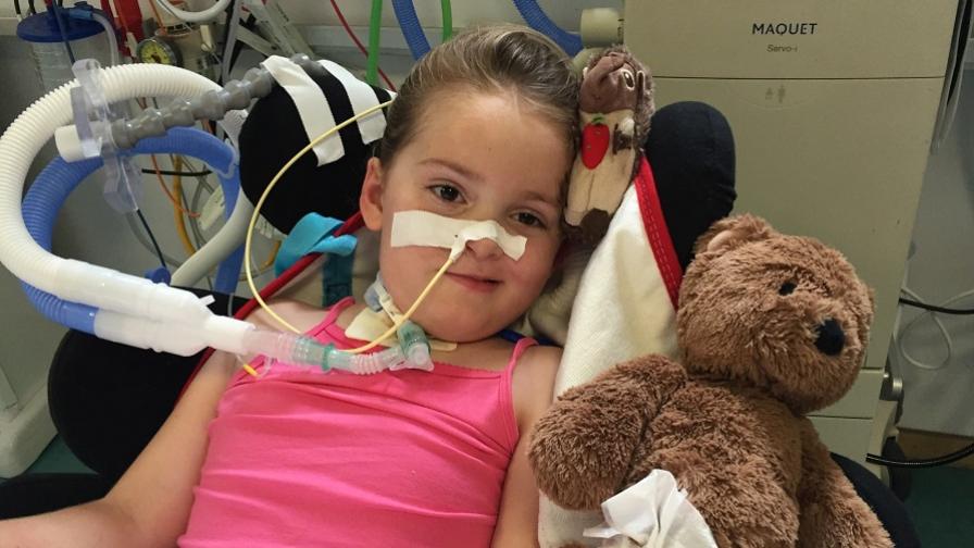 Poppy, laying in a hospital bed, with some medical tubes attached. Her teddy bear is next to her..