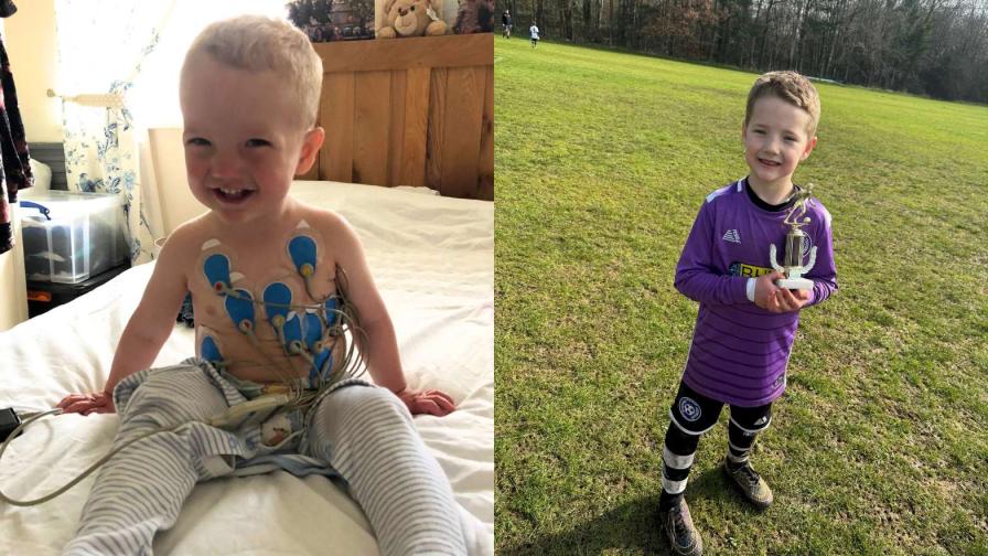 Images of Henry in hospital and posing in a football kit