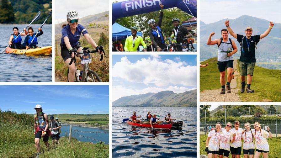 A collage of outdoor activities: kayaking, cycling, hiking, canoeing, and running, with participants celebrating and scenic landscapes in the background
