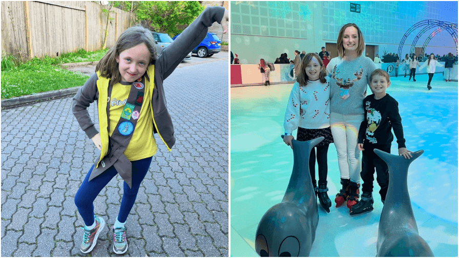 Collage of two family photos. One is Tora in Brownies uniform. One is of Tora, her mum and younger brother at an ice rink.