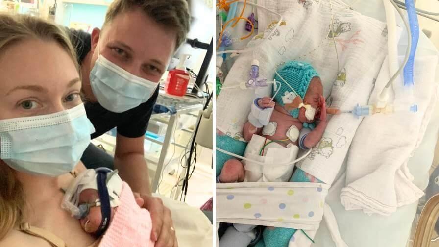 A split image shows parents in masks holding their premature baby in a hospital, and the tiny newborn in an incubator with tubes attached.