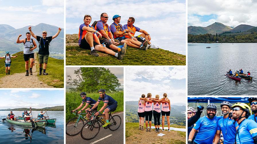 A collage of images of Race the Sun teams taking part in hiking, cycling and canoeing