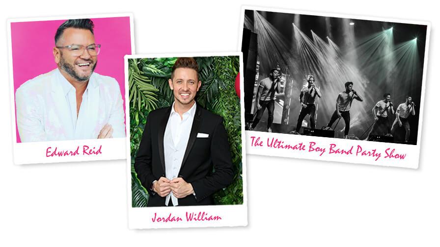 Three promotional photos of Edward Reid, Jordan William and The Ultimate Boy Band Party Show