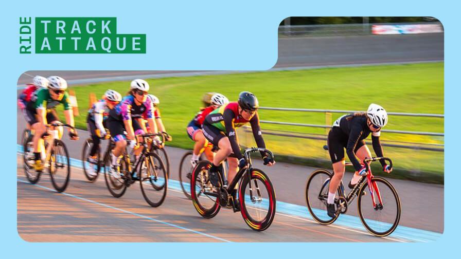 A group of cyclings racing around an ourdoor velodrome