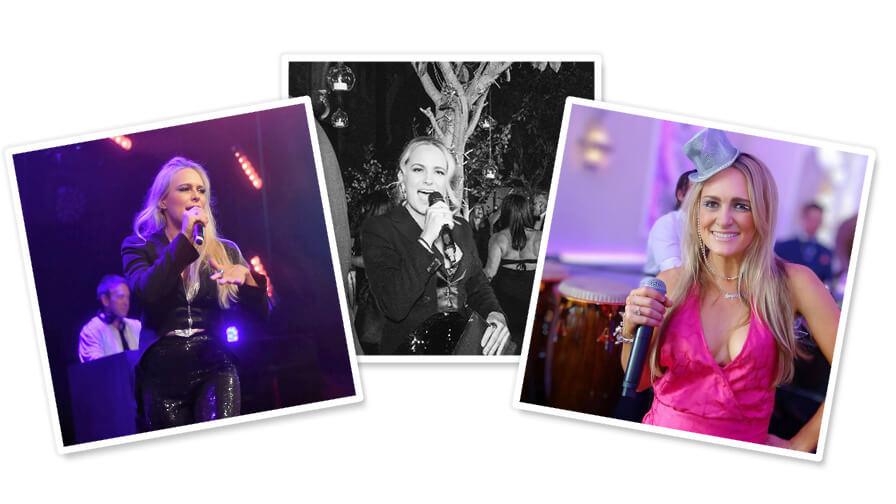 Collage of a woman singing on stage, performing outdoors, and smiling at a party in a pink dress with a silver fascinator