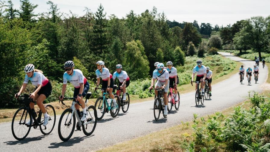 A group of cyclists going along a scenic forest path