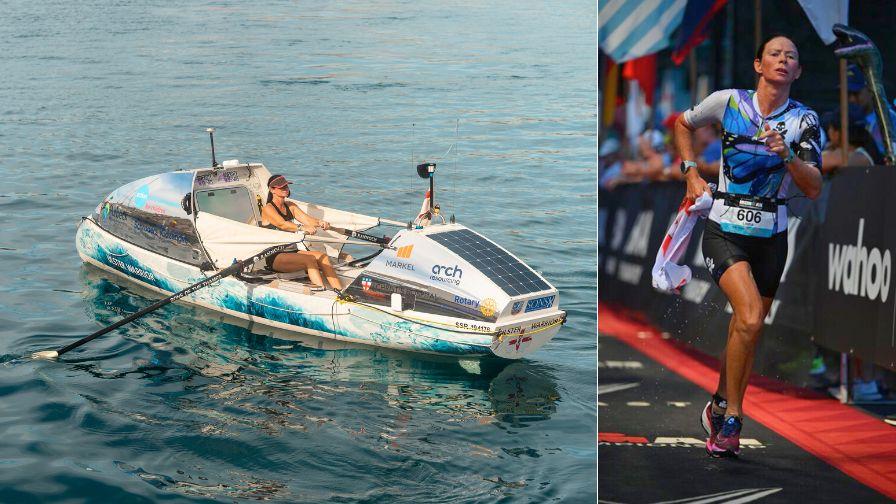 split image of linda blakely rowing on the left and running on the right