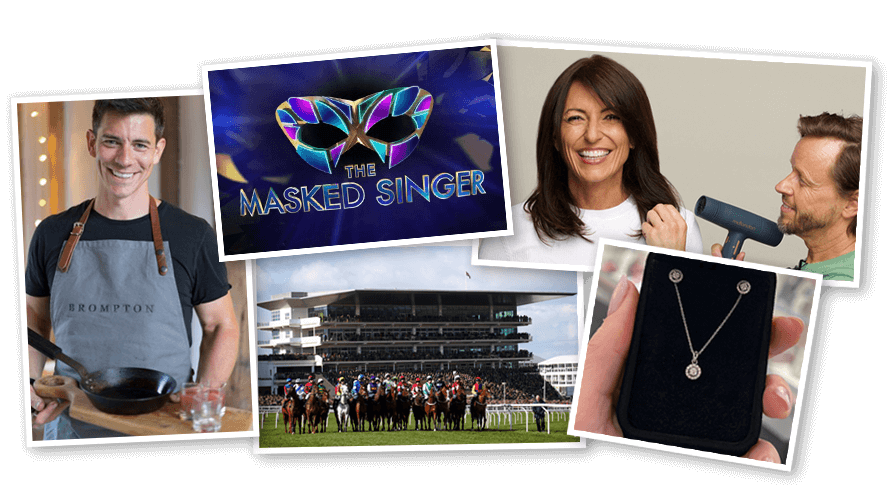 A collage of auction prizes: a chef, The Masked Singer logo, a woman having her hair styled, horse racing, and jewelry