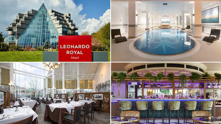 Gemini said Four images of the Leonardo Royal Hotel: the pyramid exterior, indoor pool, elegant dining room, and a modern bar.