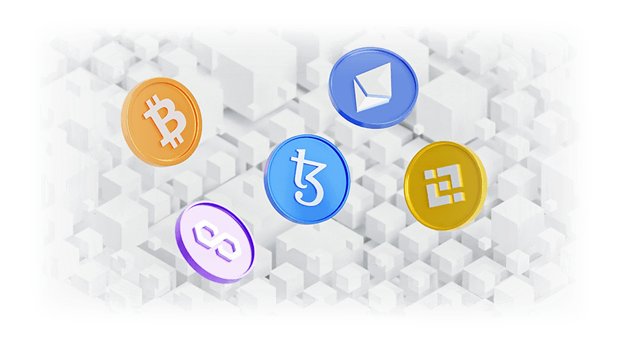 Five 3D coins—Bitcoin, Ethereum, Tezos, Binance, and Polygon—float over white cubes, representing crypto donation options.