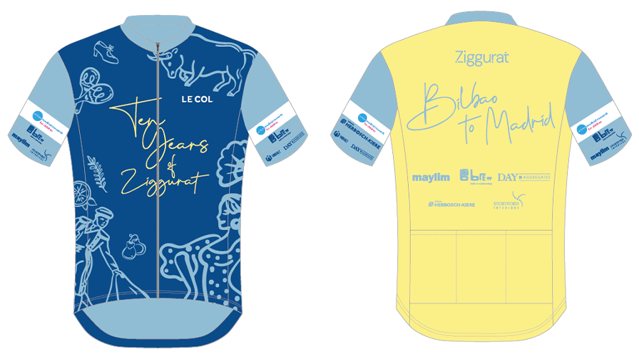 Front and back views of a Le Col cycling jersey. Front is blue with Spanish illustrations; back is yellow reading "Bilbao to Madrid".