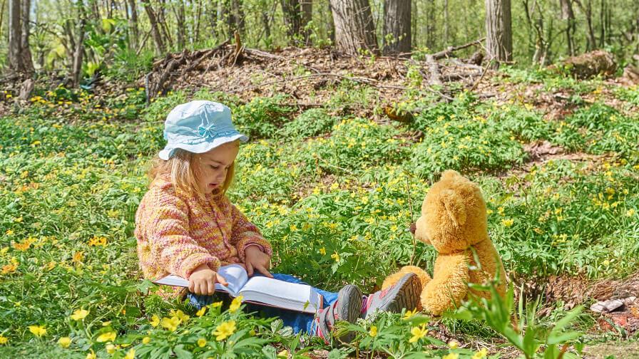 A young girl in a blue hat reads a book to her teddy bear while sitting in a field of yellow wildflowers