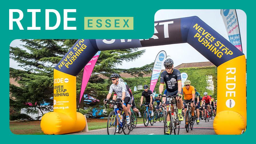 Cyclists ride beneath a large inflatable "RIDE" start arch, with a teal border framing the image and reading "RIDE ESSEX"