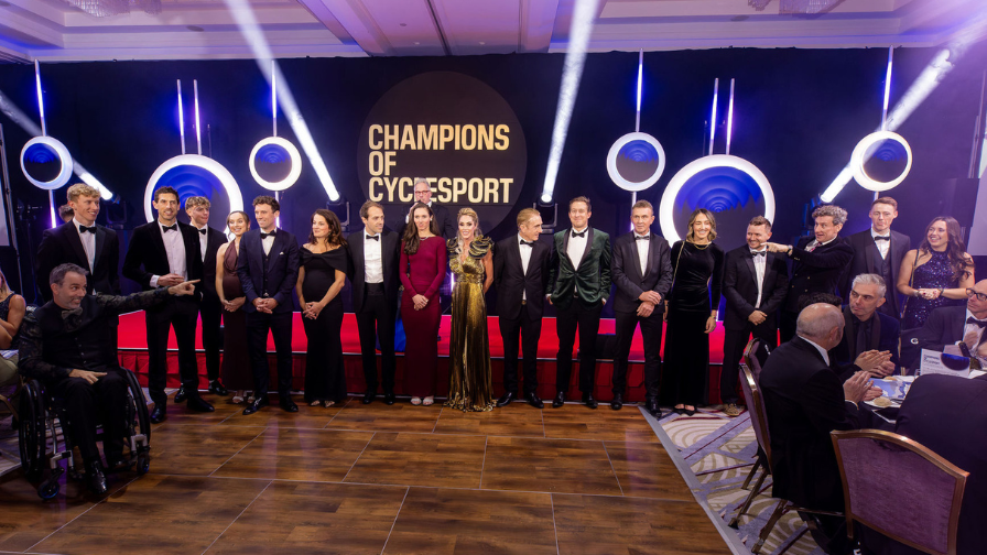 A lineup of cycling celebrities at a black-tie event