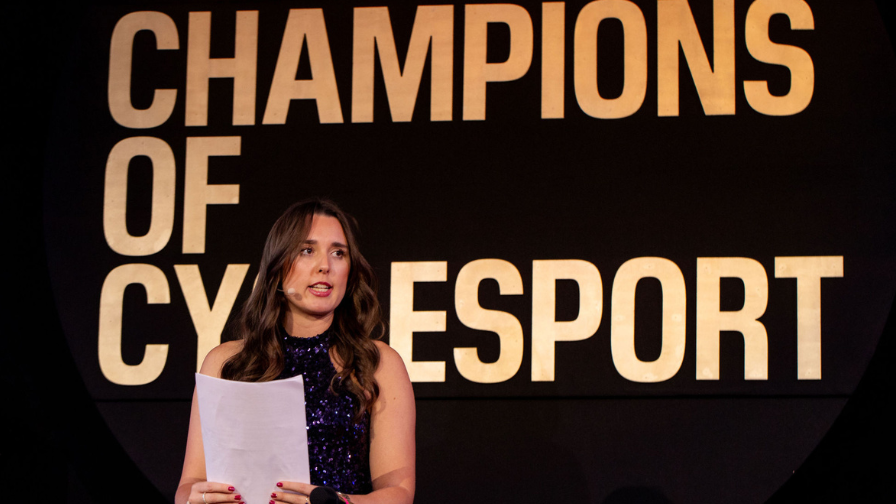 Hannah Walker addressing the audience at the Champions of CycleSport Dinner