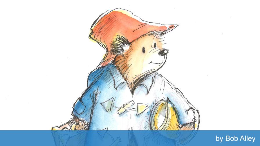 Watercolor illustration of Paddington Bear in a red hat and blue coat, with text reading "by Bob Alley" at the bottom.