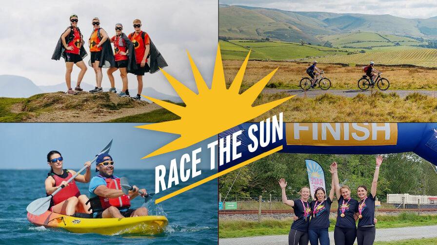 Photo collage for "Race the Sun" featuring superhero-costumed runners, cyclists, kayakers, and a cheering finish line team.