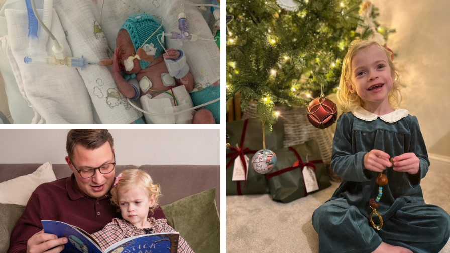 Top left; Elsie as a baby, recovering from an operation in hospital. Bottom left; Elsie and her dad, Chris, reading Stick Man together. Right; Elsie, now 4 years old, is excited to celebrate Christmas!