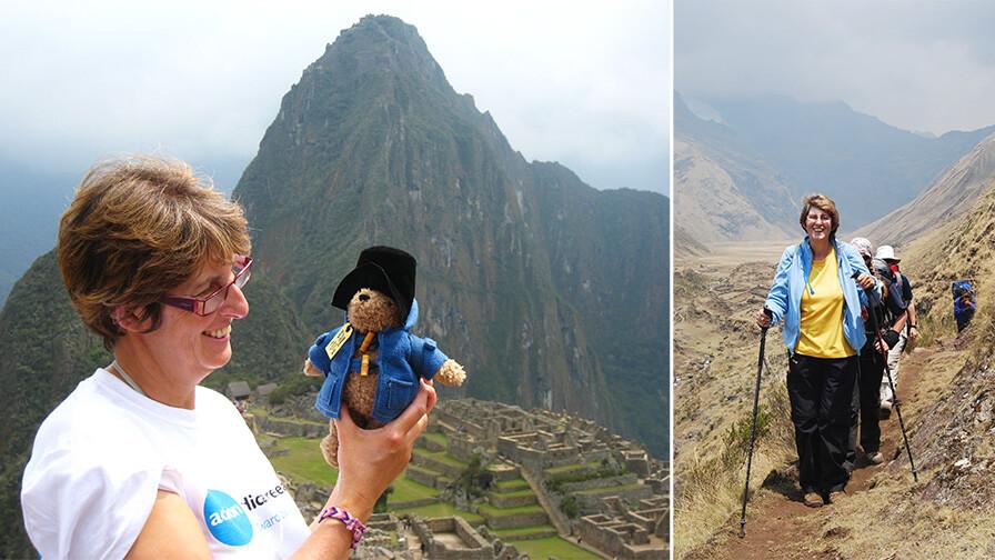 Left: Karen Jankel. holding a Paddington Bear toy on a mountain top with a clear view of Machu Picchu historical ruins in the background ; right: Karen Jankel with walking poles in a mountain landscape on a mountain trail