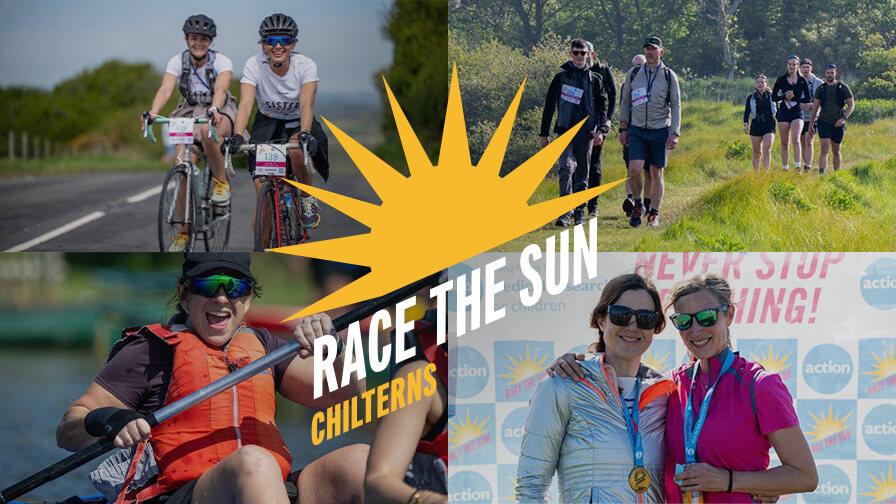 Four photos showing cycling, hiking, canoeing, and medal-wearing participants for the Race the Sun Chilterns event.