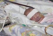 New born baby in an incubator with breath tubes